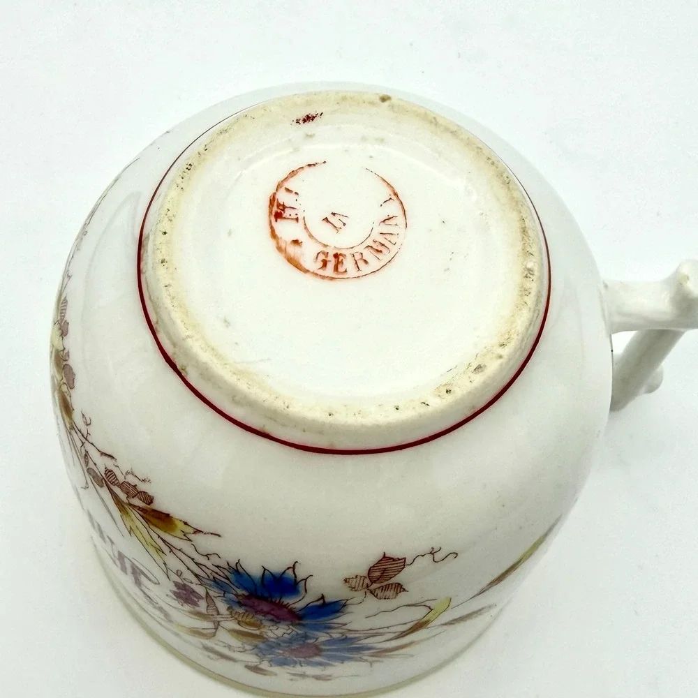 Antique Germany Mustache Cup Porcelain Floral Forget Me Not Branch Handle White